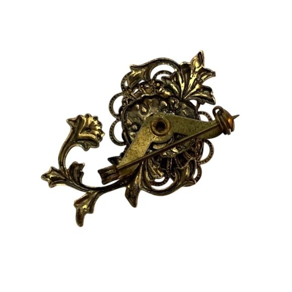 Vintage Gold-Tone Brooch with Blue Glass Cabochon & Ornate Leaf Design Women’s - Picture 2 of 6